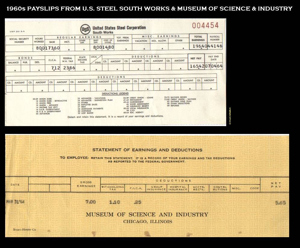 PAYSLIPS FROM SOUTH WORKS OF U.S. STEEL & MUSEUM OF SCIENCE AND INDUSTRY - 1960s