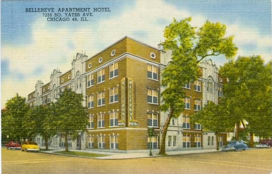 SOUTH SHORE APARTMENT BUILDING - BELLEREVE APARTMENT HOTEL - 7255 S YATES - POSTCARD - 1957