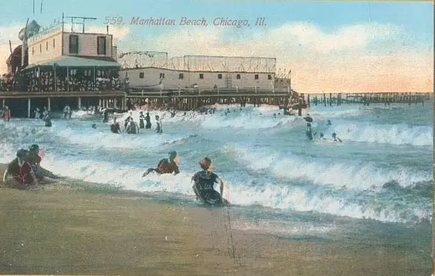 RAINBOW BEACH (THEN CALLED MANHATTAN BEACH) - POSTCARD - WOMAN ON SHORE - 1910
