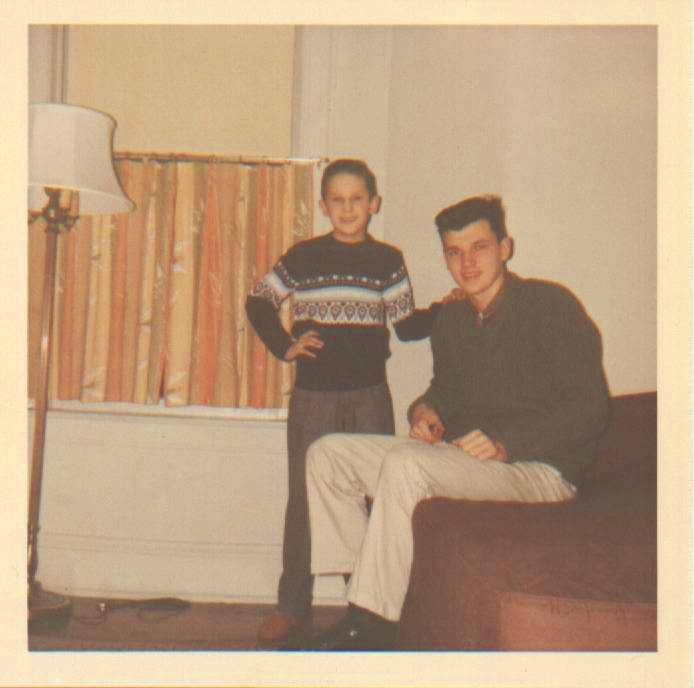 JOHN AND BILL CHUCKMAN - APARTMENT 7904 ESSEX AVE - AFTER CHRISTMAS 1961 IN OUR CHRISTMAS SWEATERS - A CHUCKMAN FAMILY PHOTO
