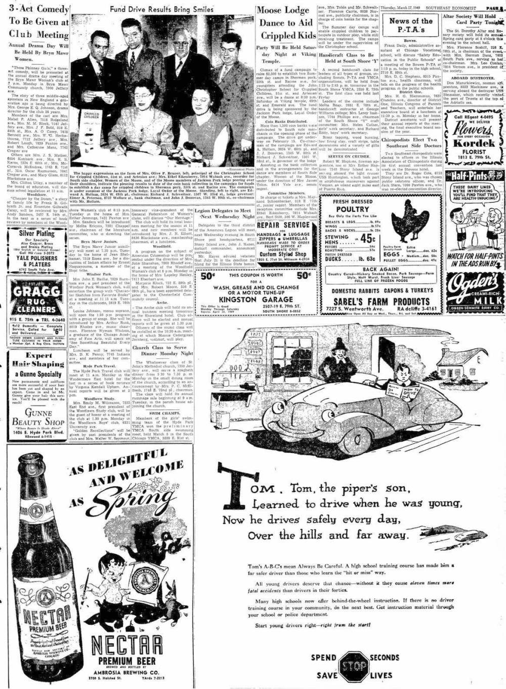 NEWSPAPER - CHICAGO - SOUTHEAST ECONOMIST - AD FOR KORDEK FLOWERS 1813 E 79TH - KINGSTON GARAGE 2507 E 79TH - CUSTOM STYLED SHOP 1805 E 71ST - MARCH 17 1949