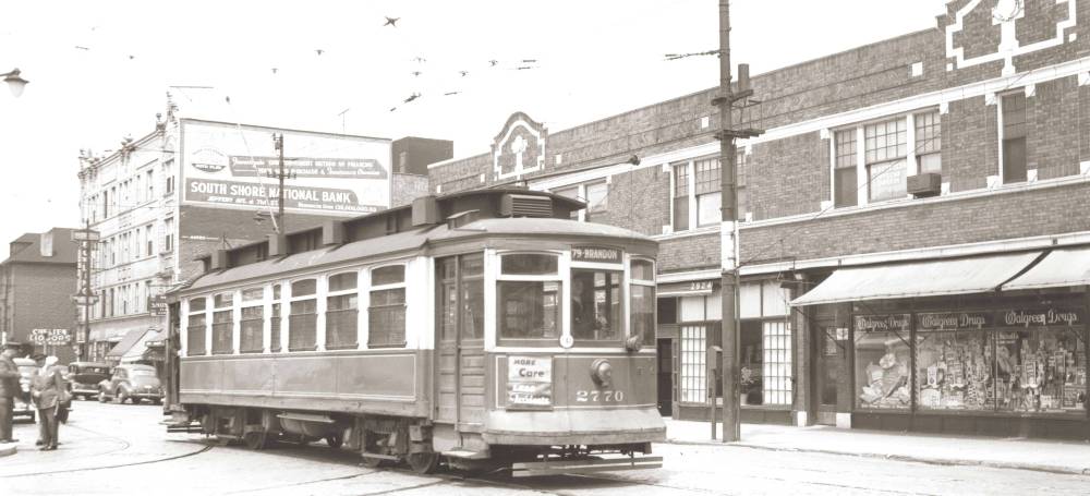 PHOTO - CHICAGO - 79TH STREET - JUST W OF EXCHANGE - LOOKING NW - WALGREEN'S - CHELTEN  LIQUORS - SIGN FOR SOUTH SHORE NATIONAL BANK - MID 1940s - EDITED FROM AN IMAGE ON TROLLEYDODGER'S SITE