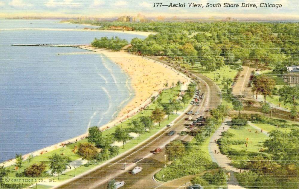 POSTCARD - CHICAGO - SOUTH SHORE DRIVE - AERIAL - LOOKING S - JACKSON PARK - c1950