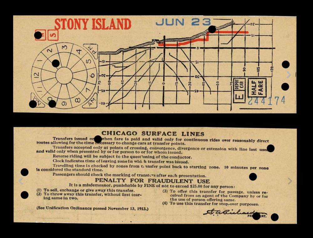 TRANSFER - CHICAGO - CHICAGO SURFACE LINES - STONY ISLAND ROUTE - FRONT AND BACK - c1940