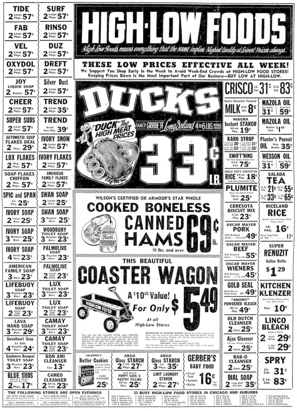 FLYER - CHICAGO - HIGH-LOW FOOD STORES FROM CHICAGO TRIBUNE - 75TH AND 79TH STREET STORES LISTED - NOTE WAGONS - MAY 11 1952
