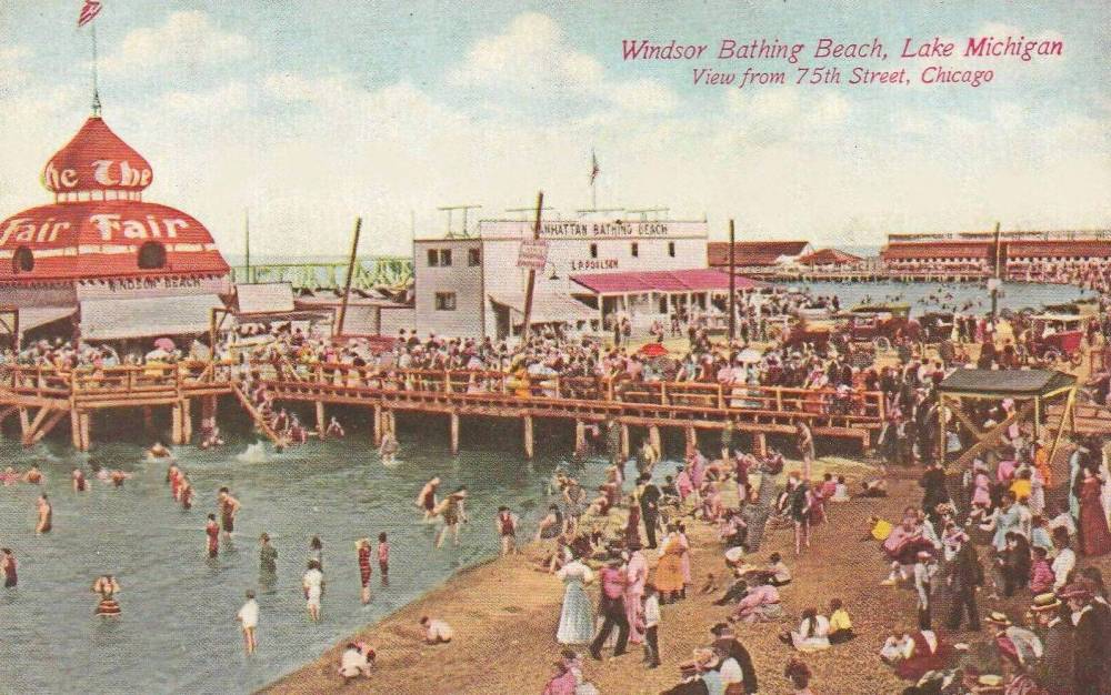 PLACES POSTCARD - CHICAGO - RAINBOW BEACH - CALLED WINDSOR BATHING BEACH - AERIAL PANORAMA FROM JUST N OF 75TH - HUGE CROWD - RESEMBLES A BRUEGEL PAINTING - TINTED - c1910